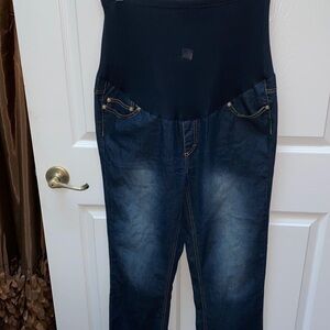 F Womens Ohh!!Mama solid blue stretch maternity jeans L. EUC